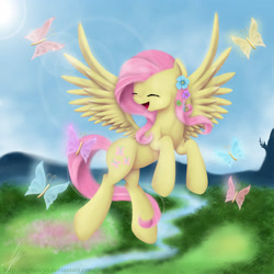 Size: 2900x2900 | Tagged: safe, artist:digitalcyn, fluttershy, butterfly, pegasus, pony, flower in hair, flying, solo