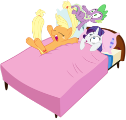 Size: 1024x970 | Tagged: safe, applejack, rarity, spike, dragon, earth pony, pony, unicorn, bed, blanket, happy, hundreds of users filter this tag, pillow, vector edit