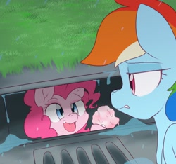 Size: 2048x1914 | Tagged: safe, artist:akainu_pony, derpibooru import, pinkie pie, rainbow dash, earth pony, pegasus, pony, cotton candy, female, it, looking at each other, mare, open mouth, parody, pinkiewise, storm drain