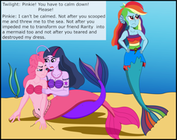 Size: 2837x2247 | Tagged: safe, artist:physicrodrigo, derpibooru import, edit, editor:rmzero, part of a series, part of a set, pinkie pie, rainbow dash, twilight sparkle, angler fish, mermaid, series:equestria mermaids, equestria girls, belly button, clothes, cloud, curse, cursed, cutie mark, dialogue, dress, gills, jewelry, mermaidized, midriff, necklace, ocean, pearl, pearl necklace, scales, shell, shell bra, species swap, text