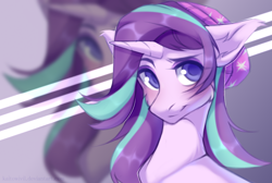 Size: 1578x1058 | Tagged: safe, artist:kaitowivil, starlight glimmer, pony, unicorn, equestria girls, mirror magic, spoiler:eqg specials, beanie, blushing, bust, cheek fluff, colored pupils, cute, ear fluff, equestria girls ponified, eye clipping through hair, female, floppy ears, glimmerbetes, hat, mare, ponified, portrait, smiling, solo, zoom layer