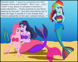 Size: 2837x2247 | Tagged: safe, artist:physicrodrigo, derpibooru import, edit, editor:rmzero, part of a series, part of a set, pinkie pie, rainbow dash, twilight sparkle, angler fish, mermaid, series:equestria mermaids, equestria girls, belly button, clothes, cloud, curse, cursed, cutie mark, dialogue, dress, gills, jewelry, mermaidized, midriff, necklace, ocean, pearl, pearl necklace, scales, shell, shell bra, species swap, text