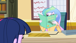 Size: 1366x768 | Tagged: safe, edit, screencap, princess celestia, principal celestia, twilight sparkle, equestria girls, /mlp/, beanie, celestia's folder, celestia's office, folder, hat, implied normal norman, magazine, meme