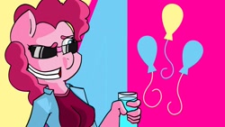 Size: 2560x1440 | Tagged: safe, pinkie pie, anthro, cool, cup, drink, funny, glass, party, sunglasses, tight clothing