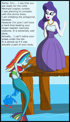 Size: 2011x3486 | Tagged: safe, artist:physicrodrigo, derpibooru import, edit, editor:rmzero, part of a series, part of a set, rainbow dash, rarity, mermaid, series:equestria mermaids, equestria girls, clothes, curse, cursed, day, dialogue, dress, jewelry, mermaidized, midriff, necklace, ocean, pearl, pearl necklace, species swap, text