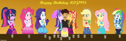 Size: 9000x3000 | Tagged: safe, artist:robukun, applejack, fluttershy, pinkie pie, rainbow dash, rarity, sci-twi, starlight glimmer, sunset shimmer, twilight sparkle, oc, equestria girls, equestria girls series, birthday, geode of empathy, geode of fauna, geode of shielding, geode of sugar bombs, geode of super speed, geode of super strength, humane five, humane seven, humane six, kissing, magical geodes