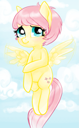 Size: 529x850 | Tagged: safe, artist:mcponyponypony, fluttershy, pegasus, pony, alternate hairstyle, floating, flying, haircut, pixie cut, solo