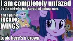 Size: 946x540 | Tagged: safe, screencap, captain planet, golden hazel, princess celestia, tennis match, twilight sparkle, twilight sparkle (alicorn), alicorn, equestria girls, background human, image macro, meme, ponied up, vulgar