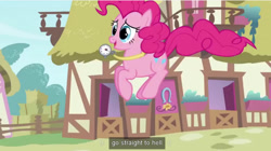 Size: 1277x714 | Tagged: safe, screencap, pinkie pie, earth pony, pony, too many pinkie pies, hell, meme, monopoly, watch, youtube caption