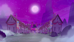 Size: 1440x810 | Tagged: safe, screencap, starlight glimmer, pony, to where and back again, full moon, house, moon, night, our town, stars, village