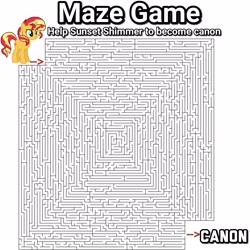 Size: 3382x3382 | Tagged: safe, edit, sunset shimmer, unicorn, arrow, canon, game, maze, maze game, simple background, text, white background