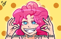 Size: 750x480 | Tagged: safe, artist:hieroa, pinkie pie, human, dialogue, grin, humanized, pixiv, smiling, solo, subtitles