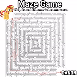 Size: 3382x3382 | Tagged: safe, edit, edited edit, sunset shimmer, unicorn, equestria girls, arrow, canon, congratulations, maze, maze game, mission accomplished, simple background, text, victory
