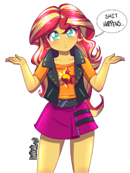 Size: 1500x2000 | Tagged: safe, artist:danmakuman, sunset shimmer, equestria girls, equestria girls series, clothes, cute, dialogue, female, jacket, leather jacket, leather vest, looking at you, miniskirt, moe, shrug, shrugset shimmer, simple background, skirt, solo, speech bubble, thighs, transparent background, vulgar