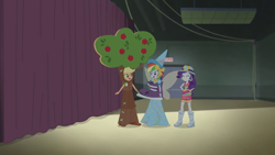Size: 1280x720 | Tagged: safe, derpibooru import, screencap, applejack, rainbow dash, rarity, equestria girls, equestria girls series, happily ever after party, clothes, costume, dress, fairy bootmother, selfie soot, tree costume