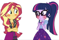Size: 1686x1161 | Tagged: safe, editor:php77, sci-twi, sunset shimmer, twilight sparkle, equestria girls, equestria girls series, blushing, clothes, crossed arms, female, glasses, leather jacket, lesbian, looking at you, magical geodes, ponytail, scitwishimmer, shipping, simple background, sunsetsparkle, transparent background