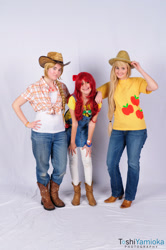 Size: 1275x1920 | Tagged: artist needed, safe, artist:toshiyamioka, apple bloom, applejack, human, 2012, clothes, convention, cosplay, irl, irl human, jeans, overalls, photo, taiyou con