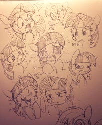 Size: 836x1024 | Tagged: safe, artist:mosamosa_n, derpibooru import, twilight sparkle, facial expressions, japanese, monochrome, pixiv, sketch, sketch dump, solo, traditional art