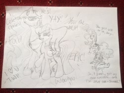 Size: 2048x1536 | Tagged: artist needed, safe, princess celestia, princess luna, spike, twilight sparkle, twilight sparkle (alicorn), alicorn, dragon, pony, princess spike (episode), female, mare, monochrome, traditional art