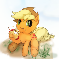 Size: 700x700 | Tagged: safe, artist:popon, artist:youhoujou, applejack, earth pony, pony, apple, cute, eating, jackabetes, pixiv, sitting, solo