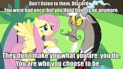 Size: 960x540 | Tagged: safe, screencap, discord, fluttershy, pegasus, pony, keep calm and flutter on, image macro, meme, reference, the iron giant