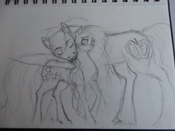 Size: 5184x3888 | Tagged: safe, artist:asiajena8, big macintosh, fluttershy, earth pony, pegasus, pony, blushing, fluttermac, male, monochrome, neck hug, shipping, size difference, sketch, stallion, straight, traditional art, wip