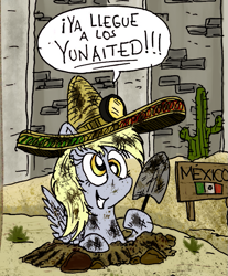 Size: 721x869 | Tagged: safe, artist:joshytoons, derpy hooves, pegasus, pony, cactus, cropped, digging, dirty, female, immigration, mare, mexico, shovel, solo, sombrero, spanish, translated in the description, tunnel, wall