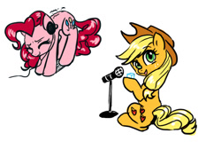 Size: 1000x707 | Tagged: artist needed, safe, applejack, pinkie pie, earth pony, pony, headphones, microphone