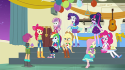 Size: 1280x720 | Tagged: safe, derpibooru import, screencap, apple bloom, applejack, fluttershy, pinkie pie, rainbow dash, rarity, sci-twi, scootaloo, spike, spike the regular dog, sweetie belle, twilight sparkle, dog, better together, equestria girls, happily ever after party, happily ever after party: applejack, converse, cupcake, cutie mark crusaders, food, geode of sugar bombs, geode of super strength, geode of telekinesis, humane five, humane six, night, shoes, sneakers