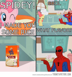 Size: 540x580 | Tagged: safe, apple bloom, pinkie pie, earth pony, pony, 60s spider-man, asdfmovie, crossover, meme, pun, rice, spider-man, uncle ben's