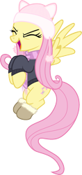Size: 543x1147 | Tagged: safe, artist:cheezedoodle96, fluttershy, pegasus, pony, .svg available, boots, bottomless, clothes, cute, eyes closed, female, flutteryay, flying, hat, mare, open mouth, partial nudity, scarf, shyabetes, simple background, smiling, solo, spread wings, svg, sweater, sweatershy, transparent background, vector, winter outfit, yay