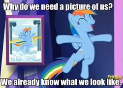 Size: 947x677 | Tagged: safe, derpibooru import, rainbow dash, pegasus, pony, castle sweet castle, discovery family logo, hypocritical humor, image macro, logic, meme, photo