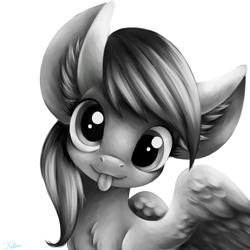 Size: 640x640 | Tagged: safe, artist:faline-art, derpy hooves, pegasus, pony, bust, ear fluff, female, grayscale, looking at you, mare, monochrome, simple background, smiling, solo, tongue out, white background