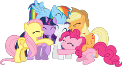 Size: 6870x3770 | Tagged: safe, artist:90sigma, derpibooru import, applejack, fluttershy, pinkie pie, rainbow dash, rarity, twilight sparkle, twilight sparkle (alicorn), alicorn, earth pony, pegasus, pony, unicorn, the cutie map, cowboy hat, eyes closed, female, freckles, group hug, hat, hug, mane six, mare, simple background, smiling, stetson, transparent background, vector