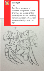 Size: 990x1600 | Tagged: safe, artist:chautung, sunset shimmer, twilight sparkle, twilight sparkle (alicorn), alicorn, blushing, cute, embarrassed, female, happy, heart, hug, lesbian, pencil drawing, request, requested art, shimmerbetes, shipping, smiling, sunsetsparkle, traditional art, winghug