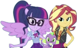 Size: 1180x730 | Tagged: safe, artist:php77, editor:php77, sci-twi, spike, spike the regular dog, sunset shimmer, twilight sparkle, dog, better together, equestria girls, needs more jpeg, simple background, transparent background