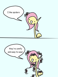 Size: 600x795 | Tagged: safe, artist:wollap, fluttershy, pegasus, pony, spider, blue background, comic, hilarious in hindsight, pokémon, reference, simple background, solo, wat