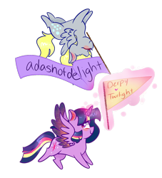 Size: 900x993 | Tagged: safe, artist:cubbybatdoodles, derpy hooves, twilight sparkle, twilight sparkle (alicorn), alicorn, pony, banner, female, flag, flying, lesbian, magic, mare, shipping, simple background, telekinesis, transparent background, twerpy