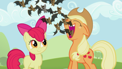 Size: 1920x1080 | Tagged: safe, edit, edited screencap, screencap, apple bloom, applejack, bat, earth pony, pony, wat