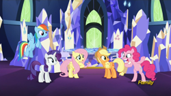 Size: 1366x768 | Tagged: safe, derpibooru import, screencap, applejack, fluttershy, pinkie pie, rainbow dash, rarity, earth pony, pegasus, pony, unicorn, castle sweet castle, cutie map, discovery family logo, faic