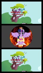 Size: 1035x1768 | Tagged: safe, derpibooru import, twilight sparkle, twilight sparkle (alicorn), alicorn, pony, alicorn drama, big crown thingy, clothes, coronation dress, crown, drama, dress, exploitable meme, female, fire, forced meme, mare, meme, op is trying to start shit, telescope, telescope meme