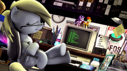 Size: 3840x2160 | Tagged: safe, artist:whiteskyline, derpy hooves, doctor whooves, starlight glimmer, sunburst, pony, unicorn, 3d, apple ii, computer, food, muffin, source filmmaker, table