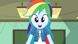 Size: 1280x720 | Tagged: safe, derpibooru import, screencap, rainbow dash, better together, equestria girls, happily ever after party, happily ever after party: rainbow dash, chalkboard, cute, dashabetes, geode of super speed, magical geodes, solo