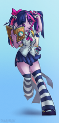 Size: 820x1700 | Tagged: safe, artist:mindmusic, princess celestia, twilight sparkle, anthro, book, clothes, pixiv, school uniform, schoolgirl, socks, striped socks