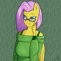 Size: 2000x2000 | Tagged: safe, artist:darkjazmin11, fluttershy, anthro, clothes, glasses, solo, sweatershy