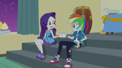 Size: 1280x720 | Tagged: safe, derpibooru import, screencap, rainbow dash, rarity, better together, equestria girls, happily ever after party, happily ever after party: rainbow dash, converse, geode of shielding, geode of super speed, magical geodes, shoes, sneakers