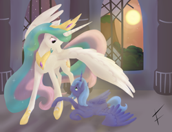 Size: 4325x3325 | Tagged: safe, artist:fullmoondagger, princess celestia, princess luna, alicorn, pony, friendship is magic, castle of the royal pony sisters, looking up, s1 luna, scene interpretation, spread wings