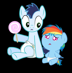 Size: 1024x1037 | Tagged: safe, artist:princesarainbowdash, artist:sir-teutonic-knight, derpibooru import, rainbow dash, soarin', pegasus, pony, baby, baby dash, baby pony, colt, crying, diaper, foal, lollipop