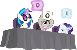 Size: 8544x5632 | Tagged: safe, artist:illumnious, dj pon-3, octavia melody, rarity, vinyl scratch, earth pony, pony, unicorn, bloom and gloom, .svg available, absurd resolution, background pony, bowtie, card, covering eyes, dream, eyes closed, female, glowing horn, hoof hold, hooves, horn, judges, levitation, magic, mare, numbers, ponyscape, simple background, sunglasses, table, telekinesis, transparent background, vector