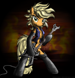 Size: 965x1000 | Tagged: safe, artist:flutterthrash, applejack, earth pony, pony, somepony to watch over me, alternate hairstyle, b.c. rich, bipedal, clothes, fire, fireproof boots, guitar, metal, solo, vest